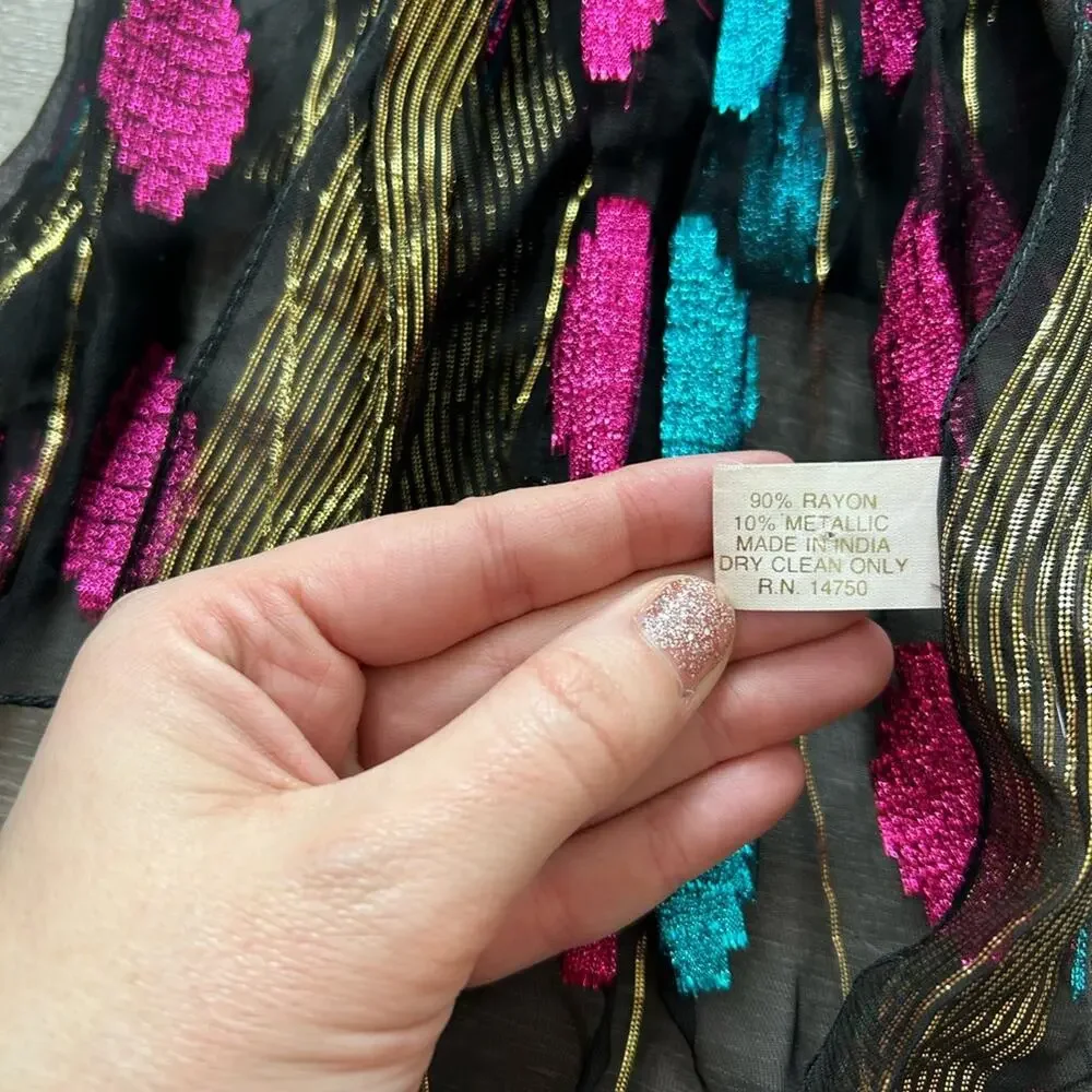American Vtg Neck Scarf- Metallic- semi sheer bright pink blue- some wear 60x11